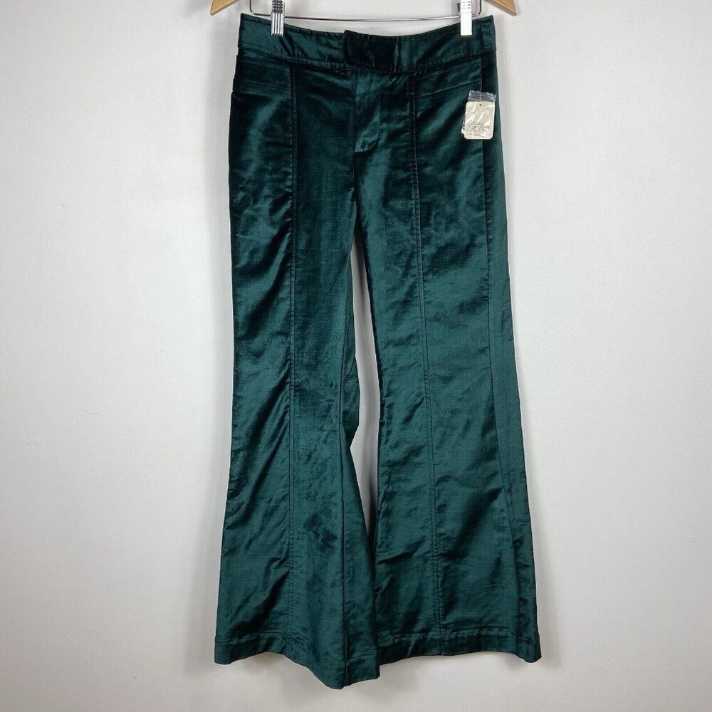 Free People Emerald Green Velvet Sz 4 Walk With You Trouser Flare Pants Mid Rise - Picture 2 of 10